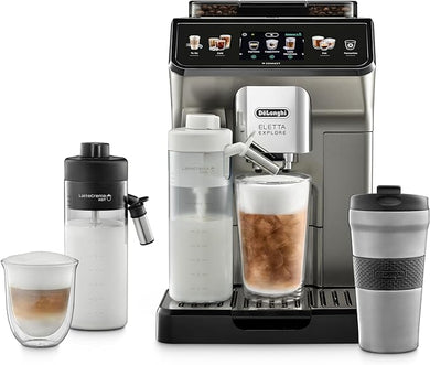 De'Longhi Eletta Explore Bean to Cup coffee machine with Latte cream Hot and cool Technology, Cold extraction technology, with 3.5"TFT display and soft control, wifi connectivity-Titanium,ECAM450.86.T